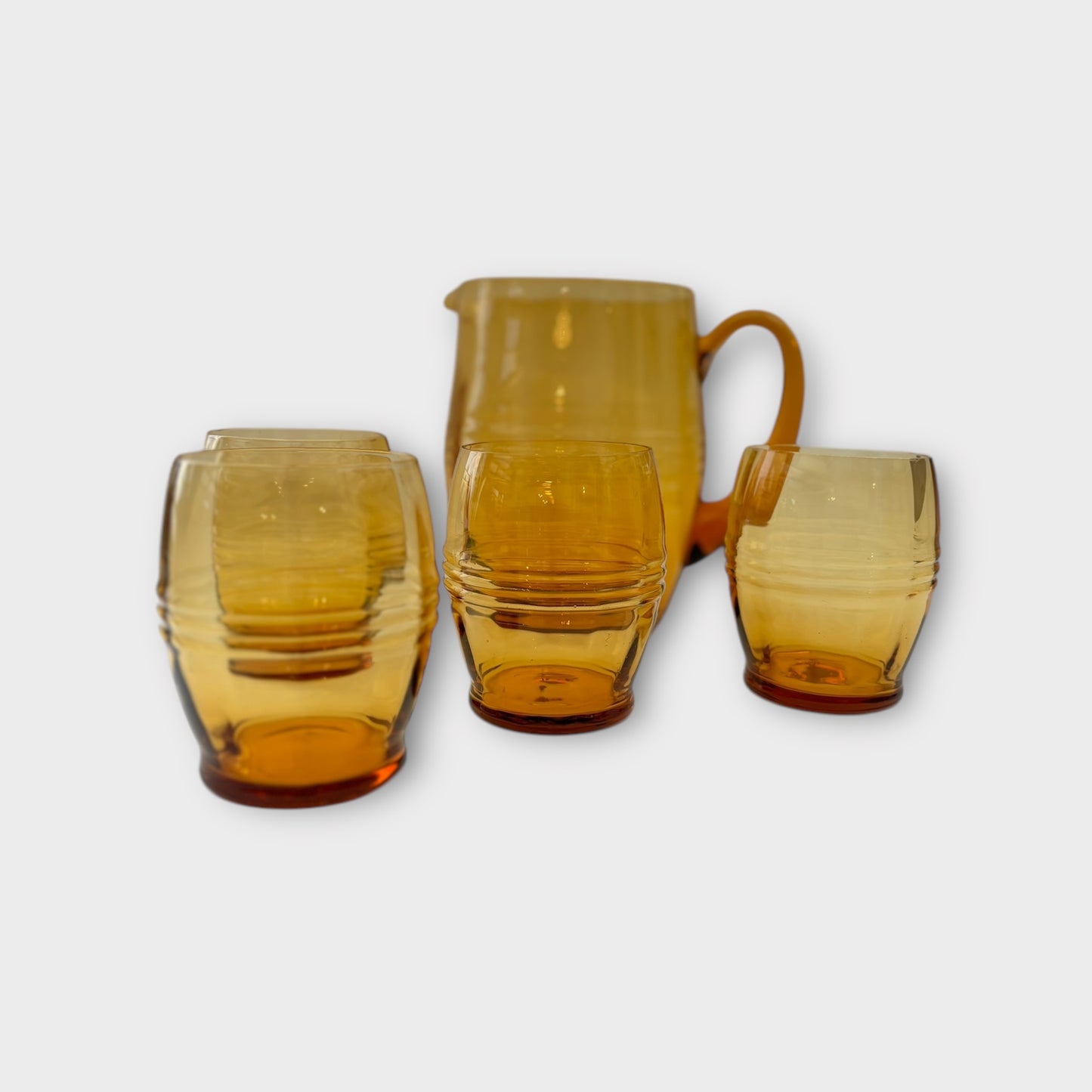 Vintage Hand-Blown Amber Glass Water Jug with 4 Matching Glasses – Elegant Retro Charm