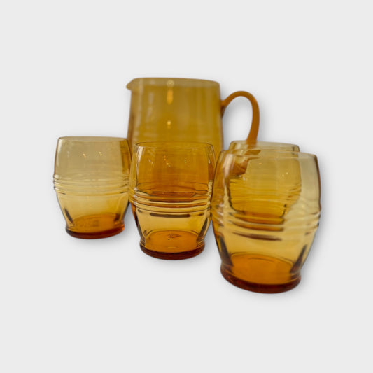 Vintage Hand-Blown Amber Glass Water Jug with 4 Matching Glasses – Elegant Retro Charm