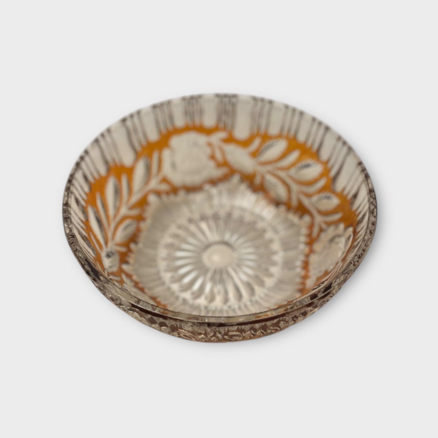 Gorgeous Walther Pressed Glass Tinted Amber Bowl – Floral Motif