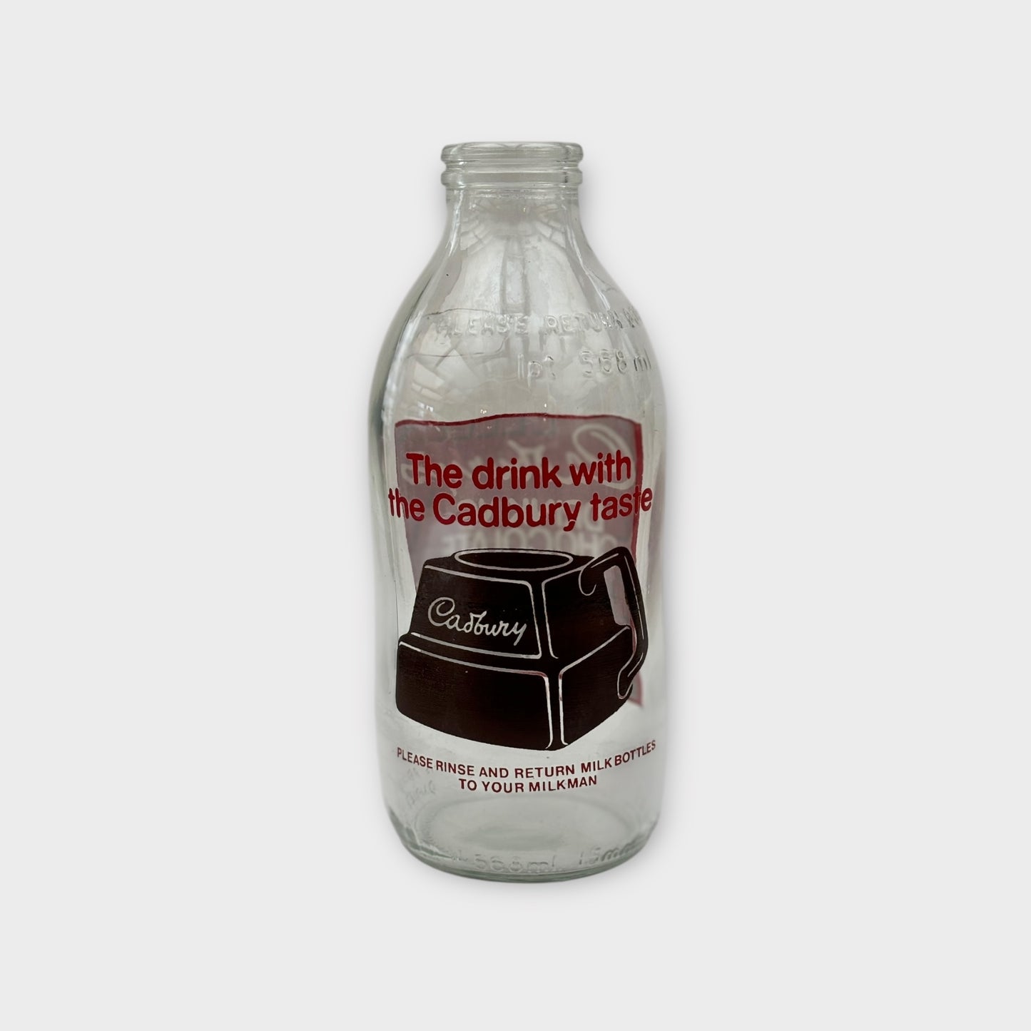 Vintage 1980s Unigate 1-Pint Milk Bottle – Cadbury's Drinking Chocolate Advertisement