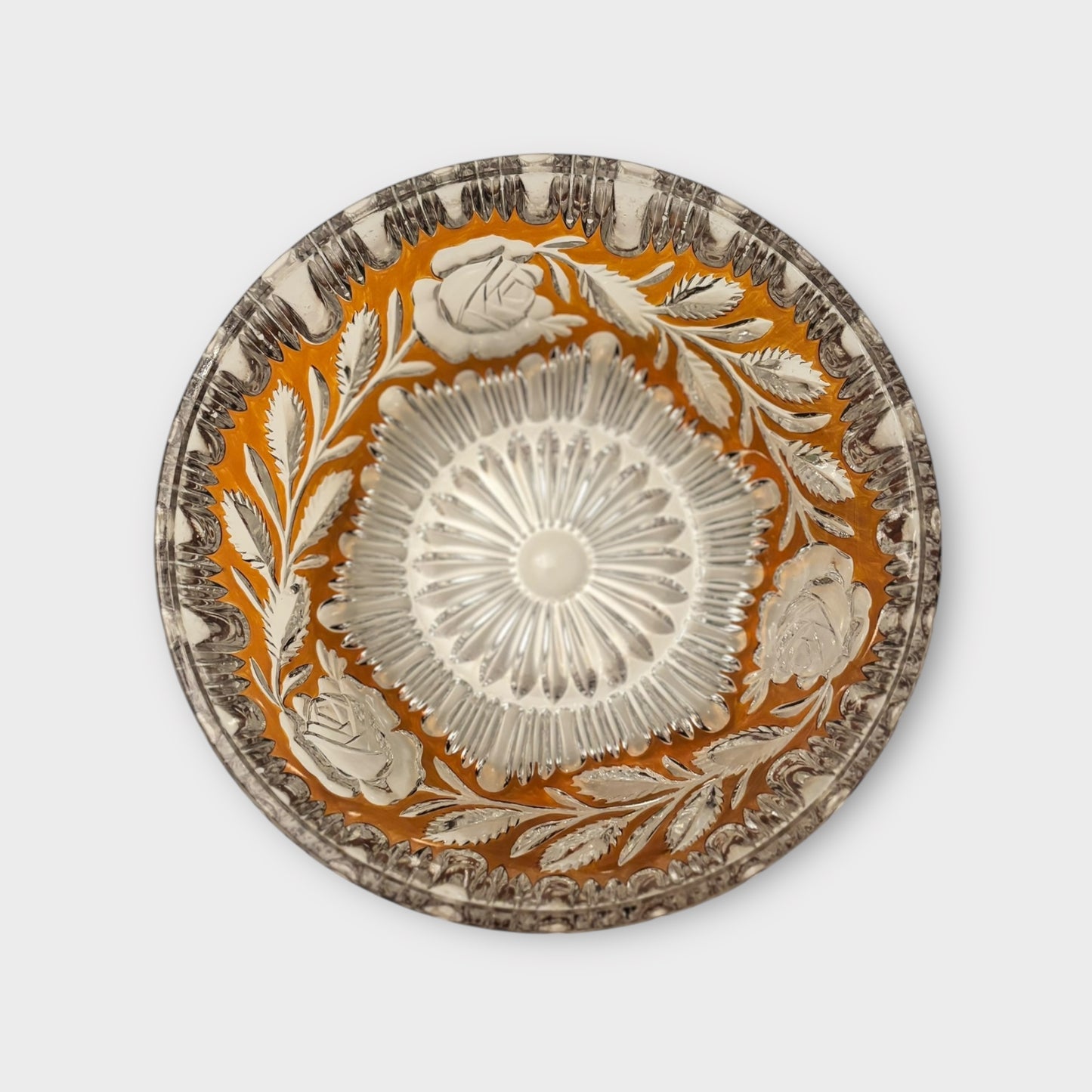 Gorgeous Walther Pressed Glass Tinted Amber Bowl – Floral Motif